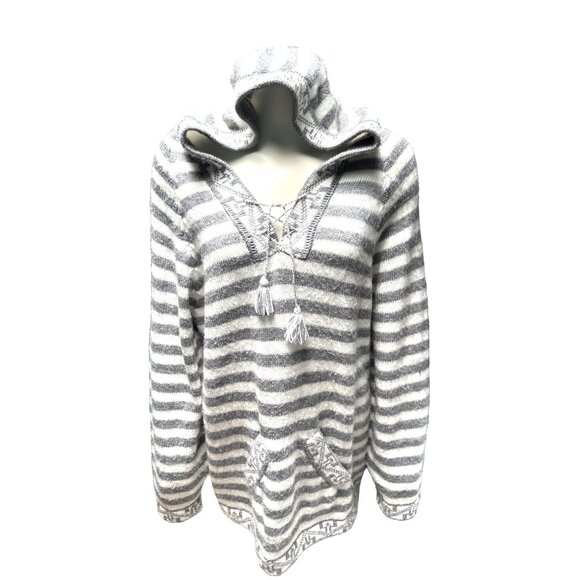 CCC Peruvian Alpaca Hooded Gray White Horizontal Striped Knit Sweater Size Large - Picture 6 of 6